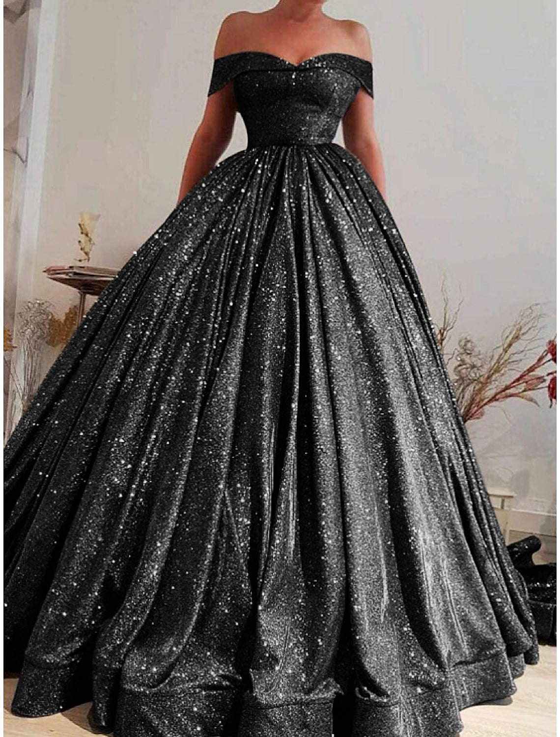 A-Line Prom Dresses Elegant Dress Black Tie Gala Court Train Short Sleeve Off Shoulder Sequined with Glitter Pleats